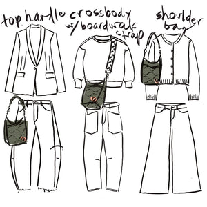 sketch of sage marcel bucket bag in coordination with three different outfits.