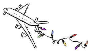 drawing of airplane pulling a string of holiday lights