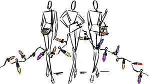 drawing of three models in stylish poses with shortyLOVE bags and a string of holiday lights