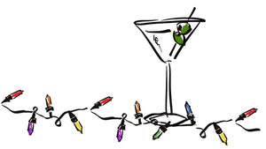 drawing of martini glass with a string of holiday lights