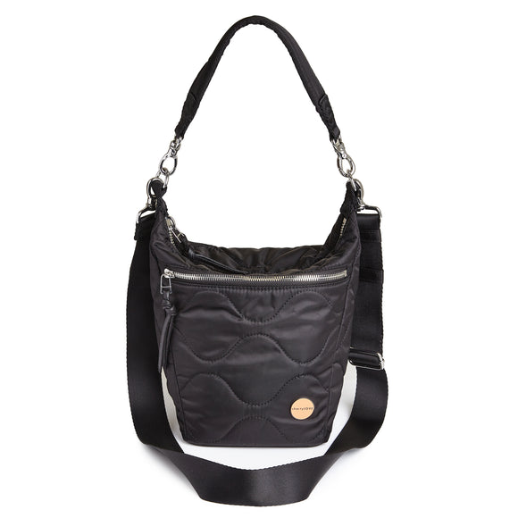 shortyLOVE marcel crossbody bucket bag in black; front view against white background.