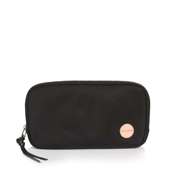 shortyLOVE jetty clutch/wallet in black; front view against white background.