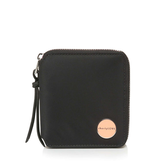 shortyLOVE merchant small wallet in black; front view against white background.